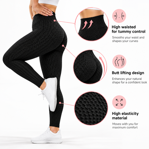 Honeycomb Tummy-Control Leggings — High-Waist Butt Lift Workout Tights