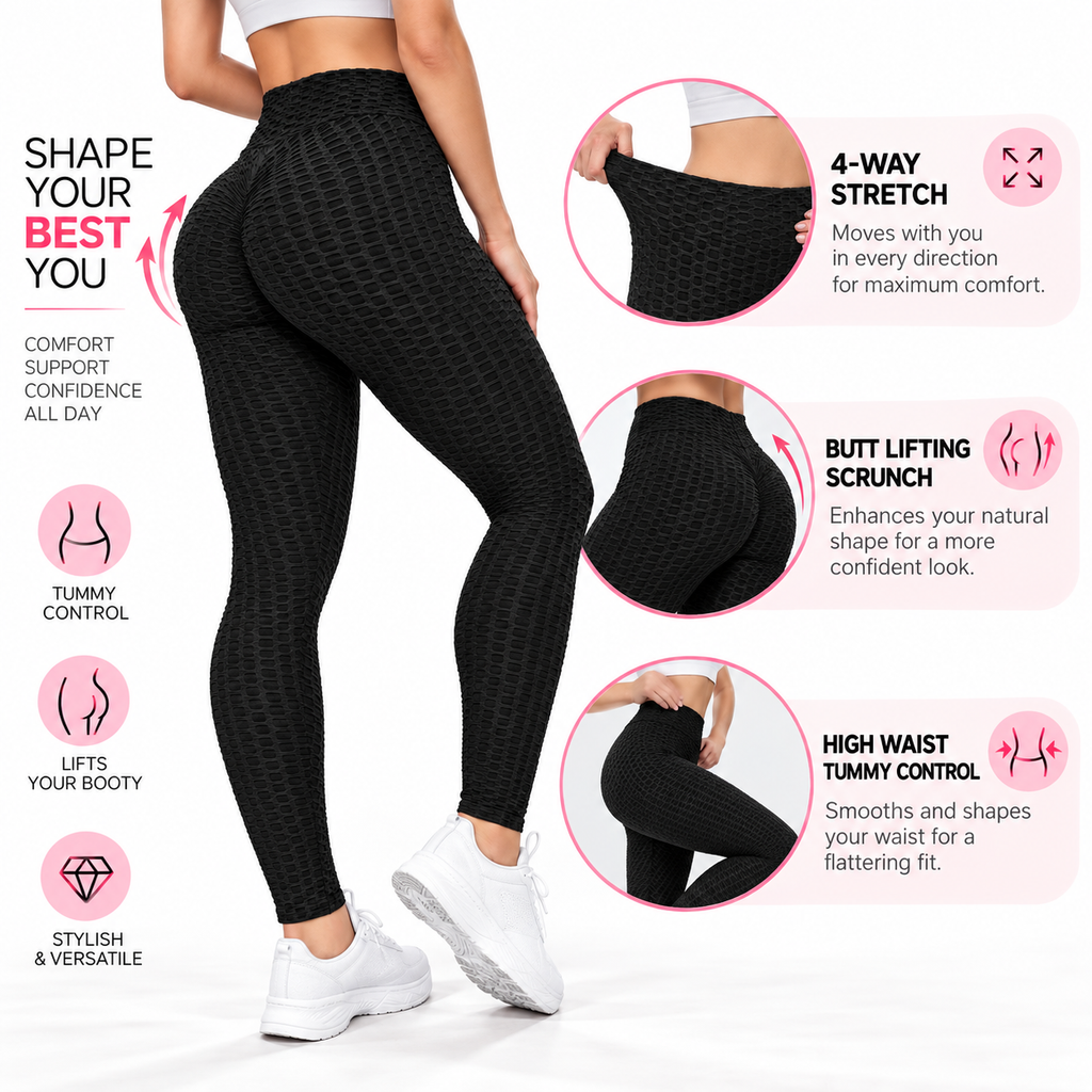 Honeycomb Tummy-Control Leggings — High-Waist Butt Lift Workout Tights