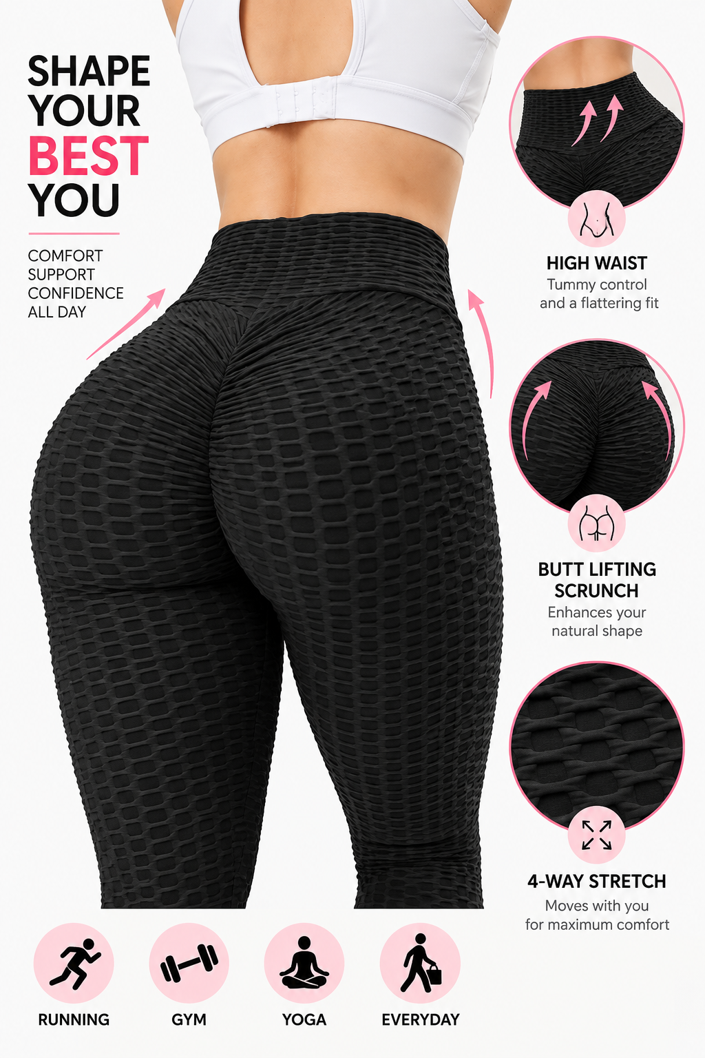 Honeycomb Tummy-Control Leggings — High-Waist Butt Lift Workout Tights